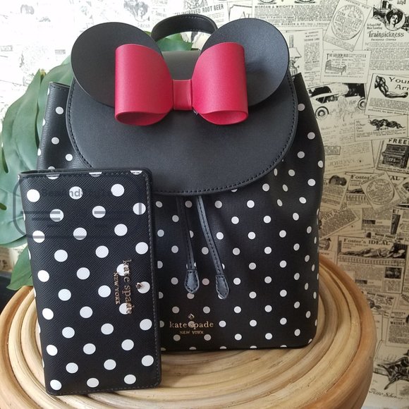 Kate Spade NWT Minnie Mouse Medium Refined Leather Backpack Bifold Wallet